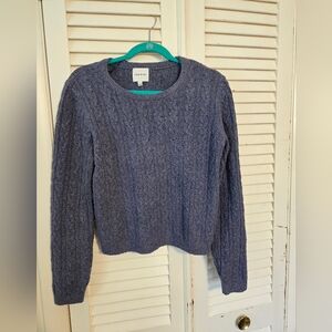 Large Pink Rose Textured Blue Crew Neck Sweater